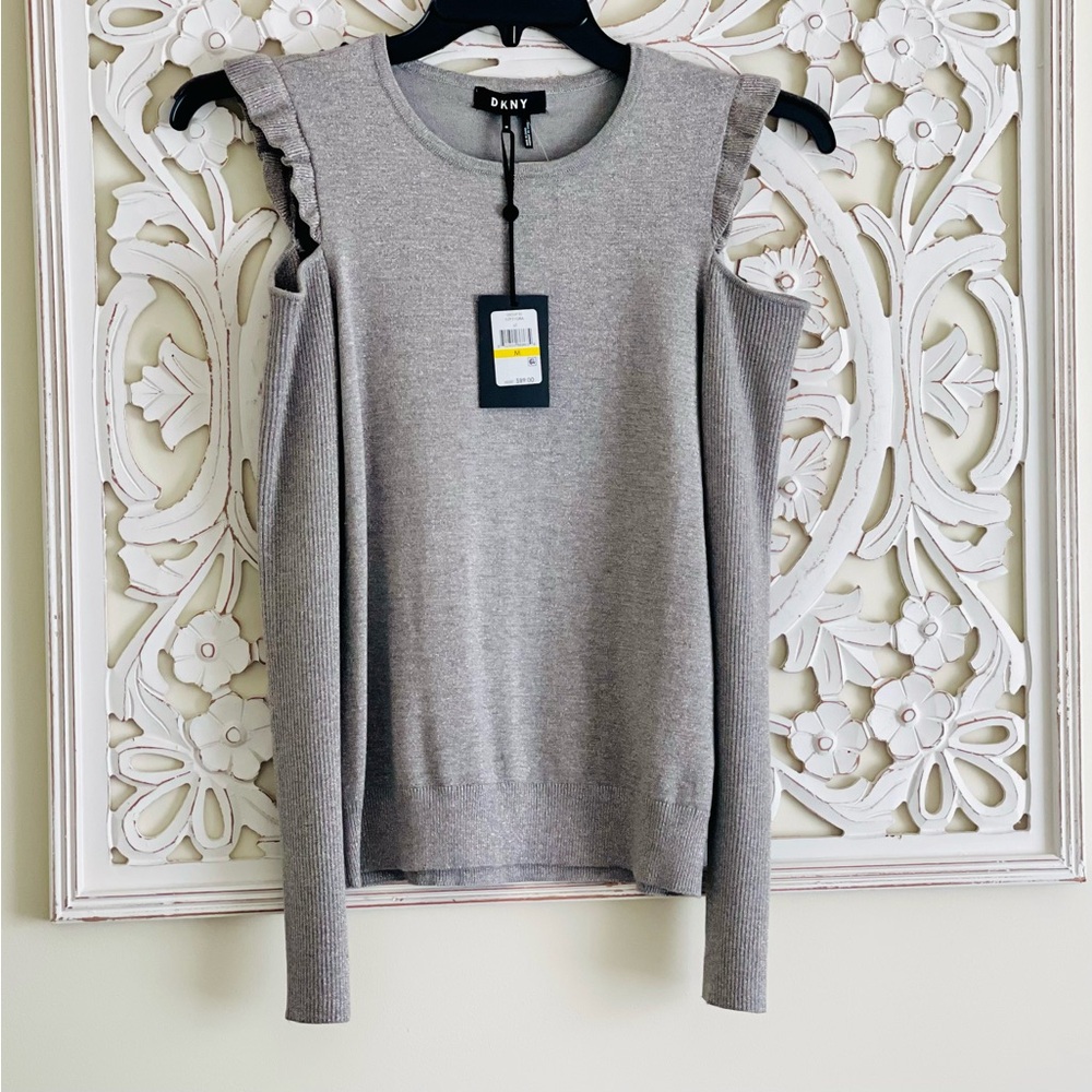 DKNY Cold Shoulder Sweater Size M New Gray Silver Casual Work Party